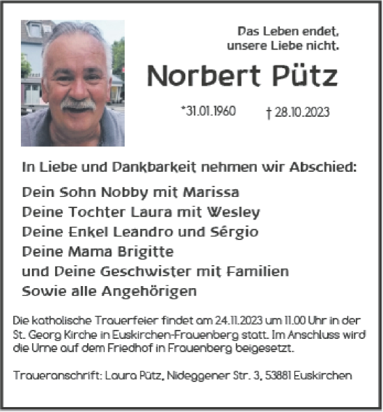 Traueranzeige von Norbert Pütz von Zeitung am Sonntag