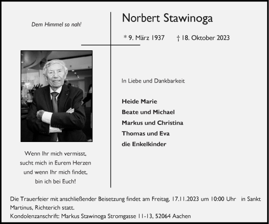 Traueranzeige von Norbert Stawinoga von Aachener Zeitung