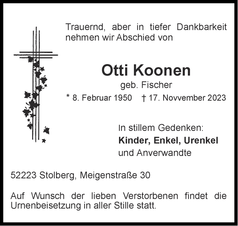  Traueranzeige für Otti Koonen vom 26.11.2023 aus Zeitung am Sonntag