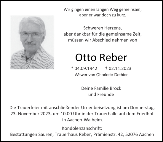 Traueranzeige von Otto Reber von Aachener Zeitung