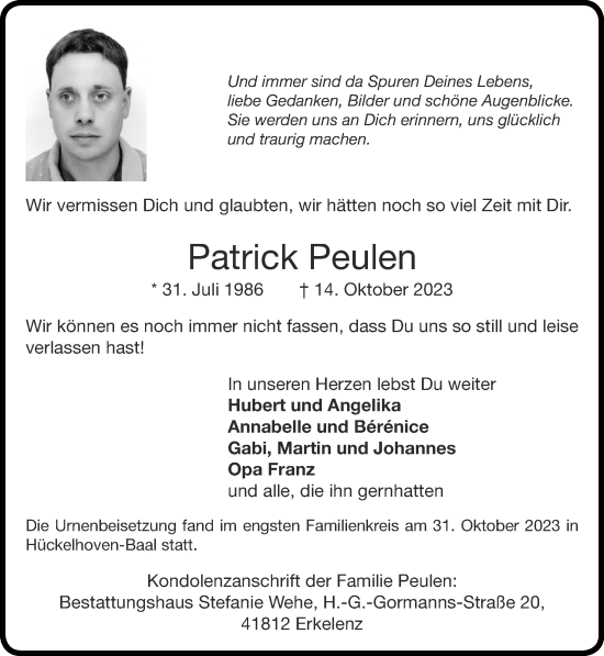 Traueranzeige von Patrick Peulen von Zeitung am Sonntag
