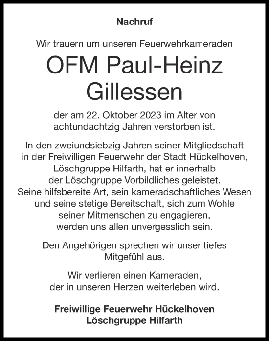 Traueranzeige von Paul-Heinz Gillessen von Zeitung am Sonntag