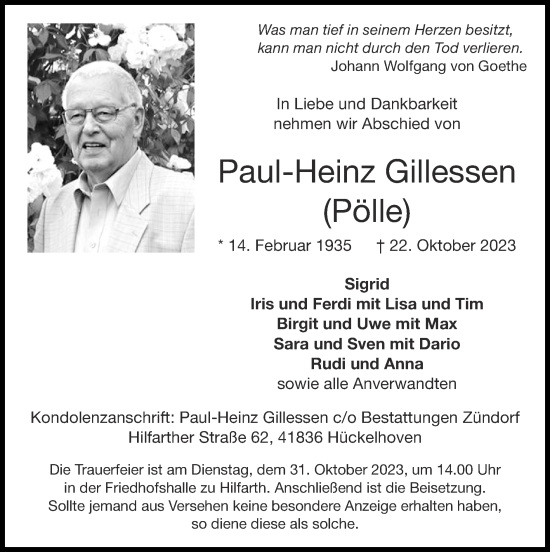 Traueranzeige von Paul-Heinz Gillessen von Zeitung am Sonntag
