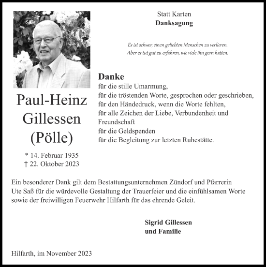 Traueranzeige von Paul-Heinz Gillessen von Zeitung am Sonntag