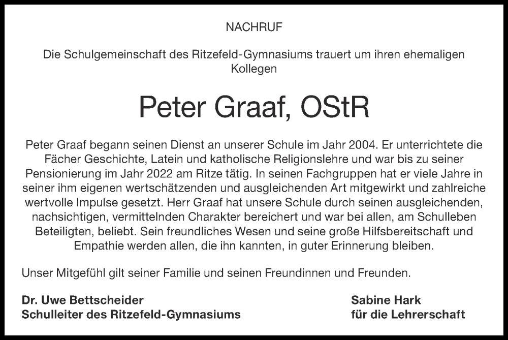  Traueranzeige für Peter Graaf vom 12.11.2023 aus Zeitung am Sonntag
