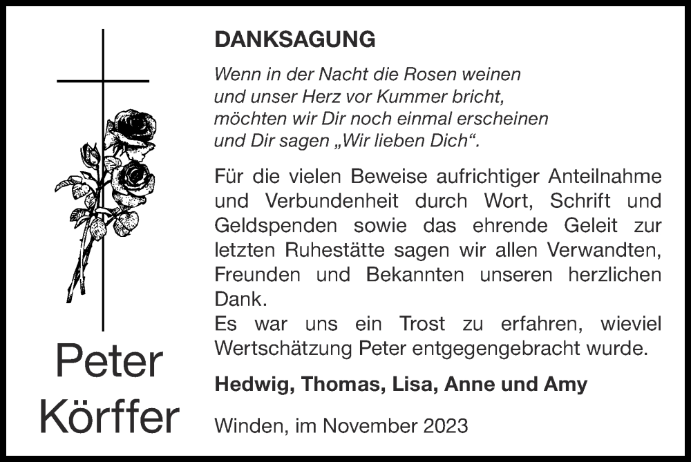  Traueranzeige für Peter Körffer vom 26.11.2023 aus Zeitung am Sonntag