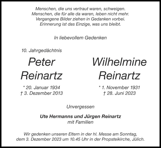 Traueranzeige von Peter Reinartz von Zeitung am Sonntag