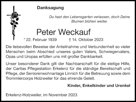 Traueranzeige von Peter Weckauf von Zeitung am Sonntag