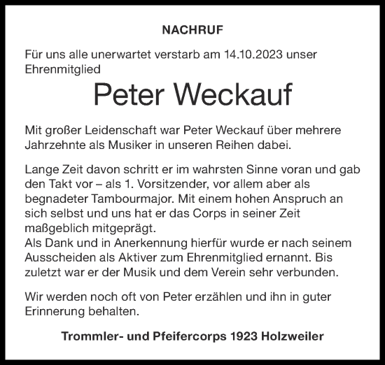 Traueranzeige von Peter Weckauf von Zeitung am Sonntag