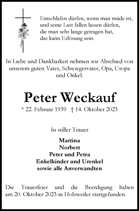 Traueranzeige von Peter Weckauf von Zeitung am Sonntag