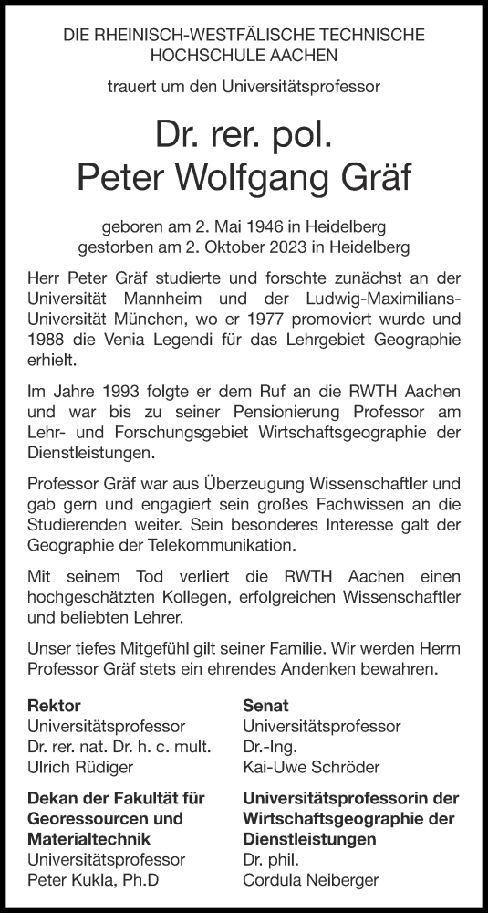 Traueranzeige von Peter Wolfgang Gräf von Aachener Zeitung