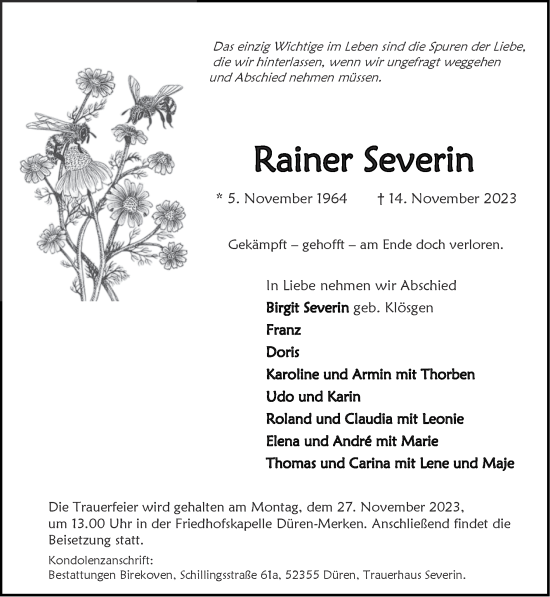 Traueranzeige von Rainer Severin von Zeitung am Sonntag