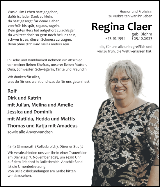 Traueranzeige von Regina Claer von Zeitung am Sonntag