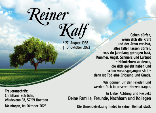Traueranzeige von Reiner Kalf von Aachener Zeitung