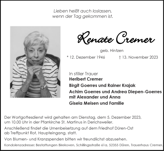 Traueranzeige von Renate Cremer von Zeitung am Sonntag