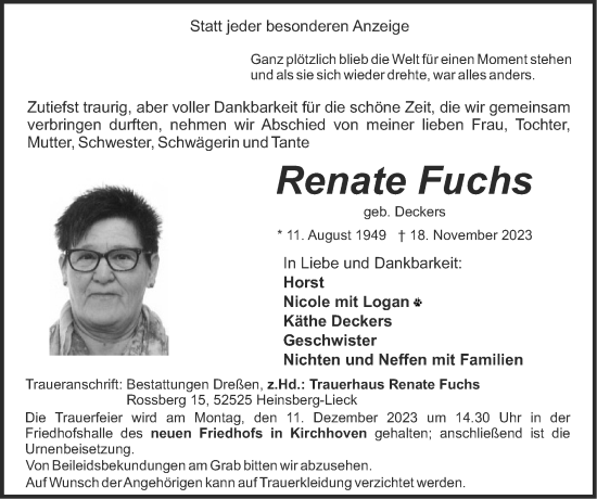 Traueranzeige von Renate Fuchs von Zeitung am Sonntag