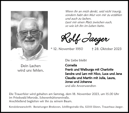 Traueranzeige von Rolf Jaeger von Zeitung am Sonntag