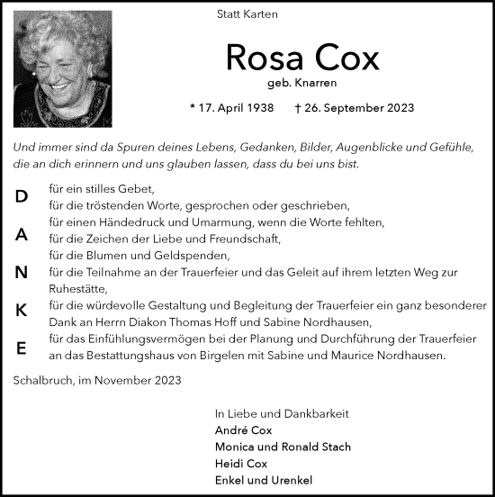 Traueranzeige von Rosa Cox von Zeitung am Sonntag