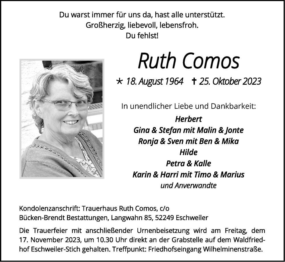  Traueranzeige für Ruth Comos vom 05.11.2023 aus Zeitung am Sonntag