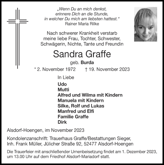 Traueranzeige von Sandra Graffe von Zeitung am Sonntag