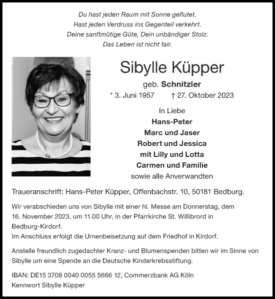 Traueranzeige von Sibylle Küpper von Zeitung am Sonntag