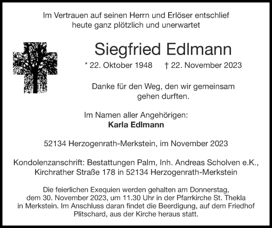 Traueranzeige von Siegfried Edlmann von Zeitung am Sonntag