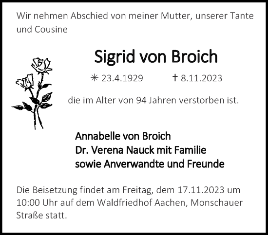 Traueranzeige von Sigrid von Broich von Aachener Zeitung