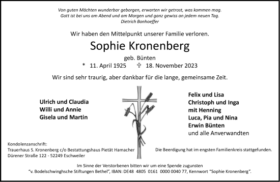 Traueranzeige von Sophie Kronenberg von Aachener Zeitung