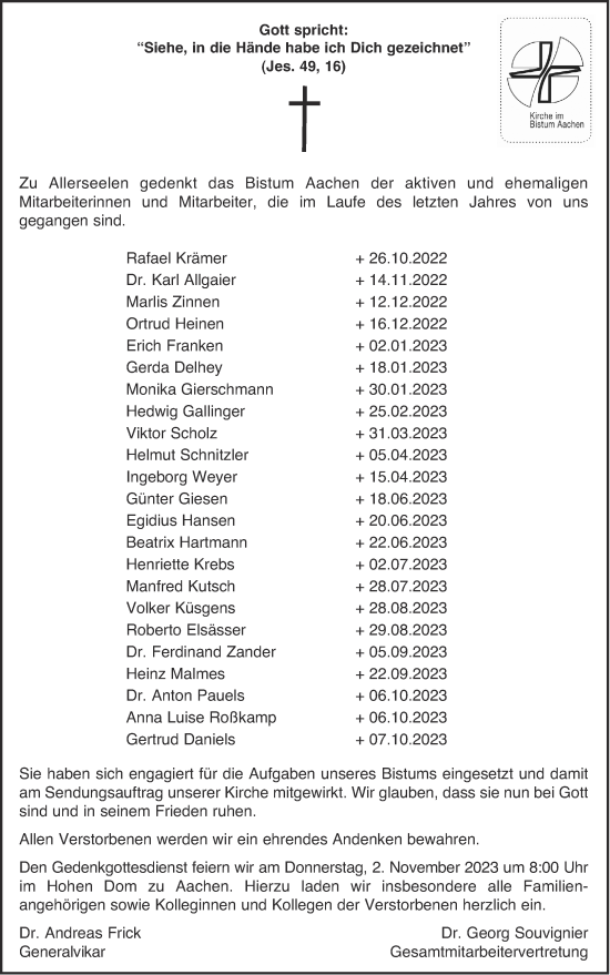 Traueranzeige von Sterbetafel vom 28.10.2023 von Aachener Zeitung