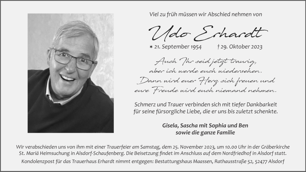  Traueranzeige für Udo Erhardt vom 19.11.2023 aus Zeitung am Sonntag