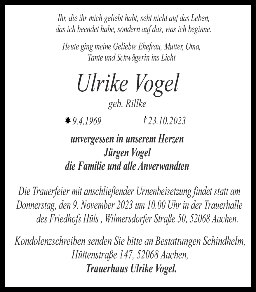  Traueranzeige für Ulrike Vogel vom 05.11.2023 aus Zeitung am Sonntag