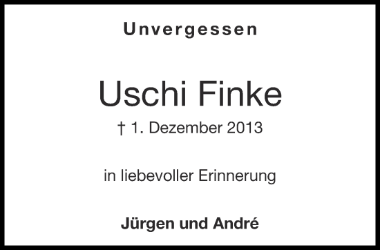 Traueranzeige von Uschi Finke von Aachener Zeitung