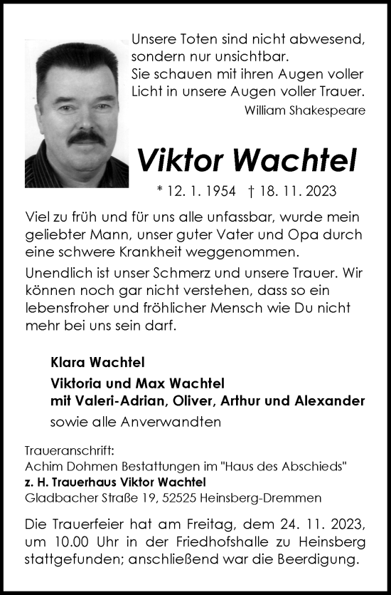 Traueranzeige von Viktor Wachtel von Zeitung am Sonntag