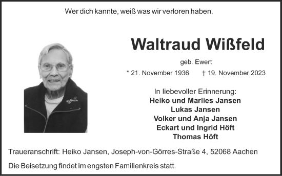 Traueranzeige von Waltraud Wißfeld von Zeitung am Sonntag