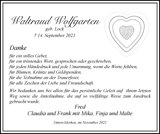 Traueranzeige von Waltraud Wolfgarten von Zeitung am Sonntag
