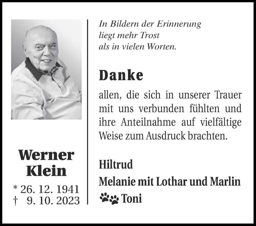  Traueranzeige für Werner Klein vom 05.11.2023 aus Zeitung am Sonntag