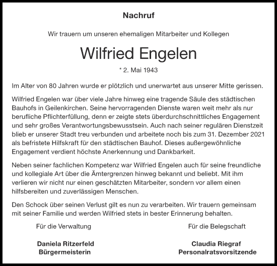 Traueranzeige von Wilfried Engelen von Zeitung am Sonntag