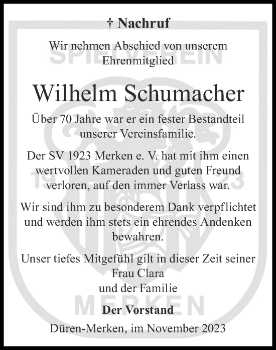 Traueranzeige von Wilhelm Schumacher von Zeitung am Sonntag