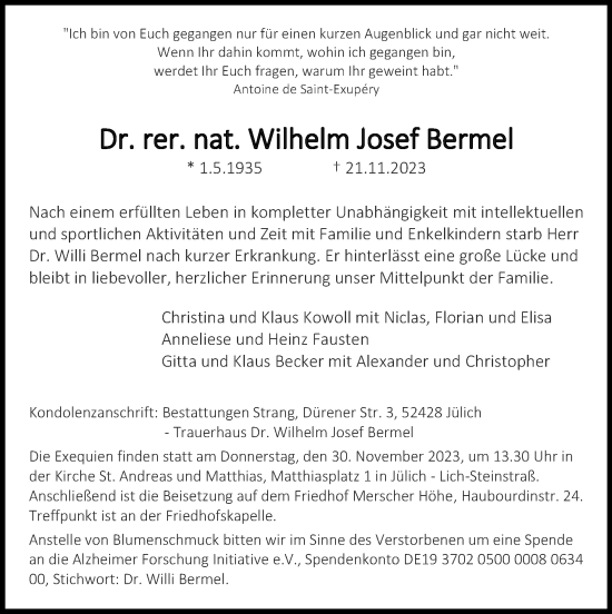 Traueranzeige von Wilhelm Josef Bermel von Zeitung am Sonntag
