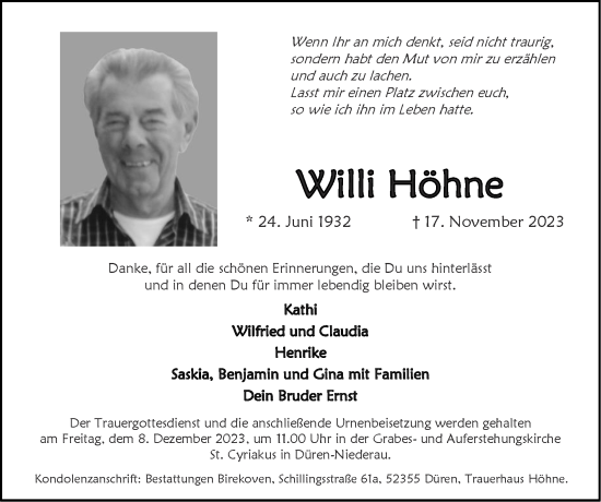 Traueranzeige von Willi Höhne von Zeitung am Sonntag
