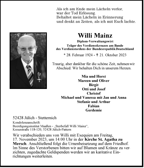 Traueranzeige von Willi Mainz von Zeitung am Sonntag