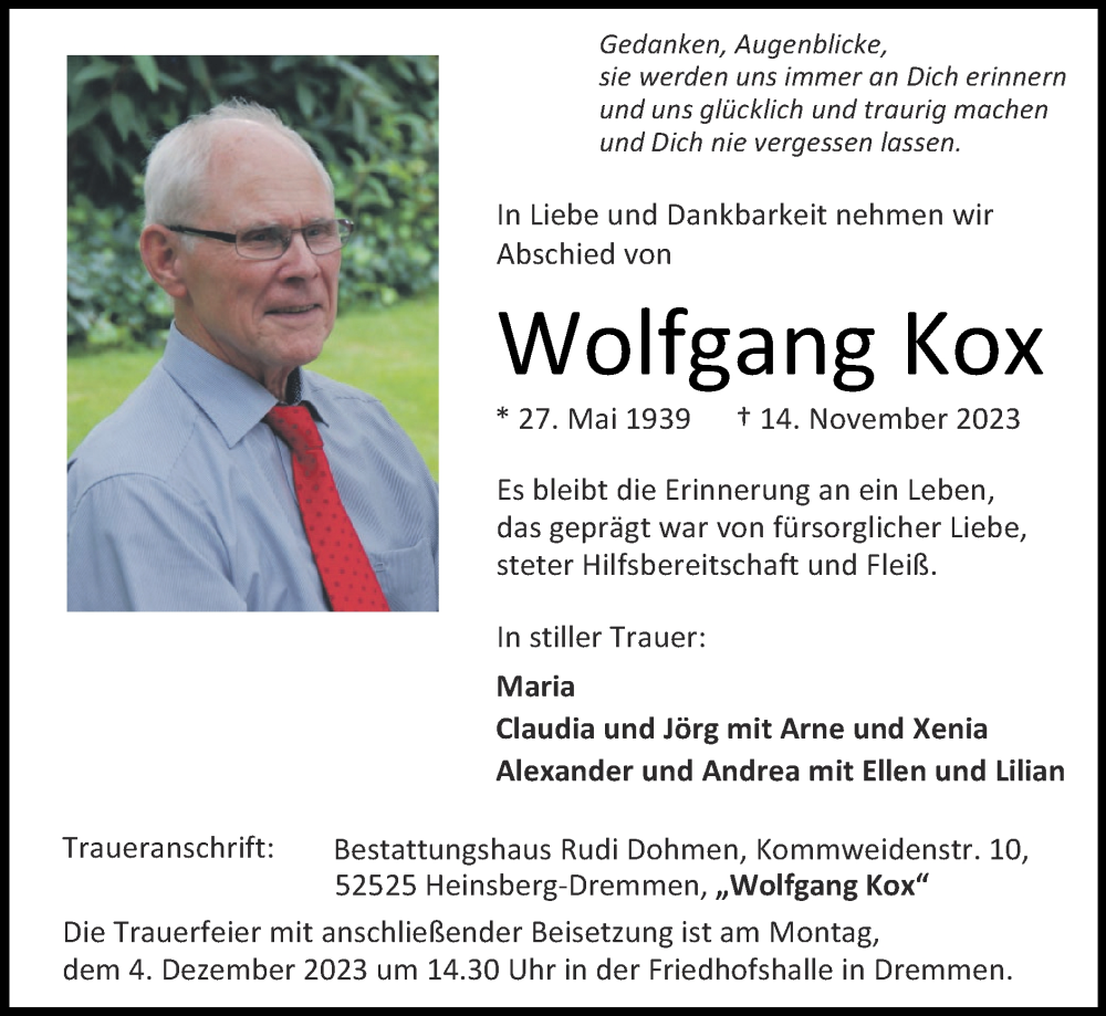  Traueranzeige für Wolfgang Kox vom 26.11.2023 aus Zeitung am Sonntag