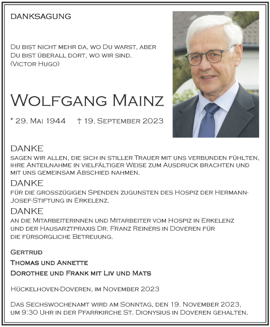 Traueranzeige von Wolfgang Mainz von Zeitung am Sonntag