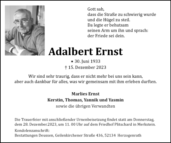 Traueranzeige von Adalbert Ernst von Zeitung am Sonntag