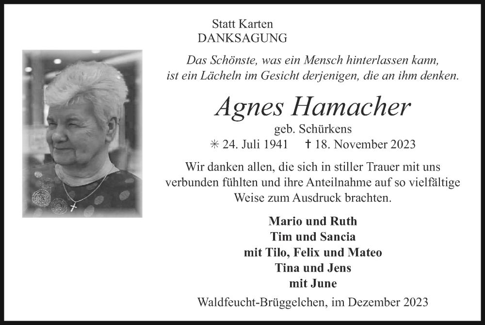  Traueranzeige für Agnes Hamacher vom 17.12.2023 aus Zeitung am Sonntag