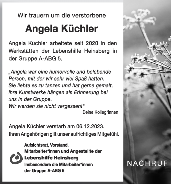 Traueranzeige von Angela Küchler von Zeitung am Sonntag