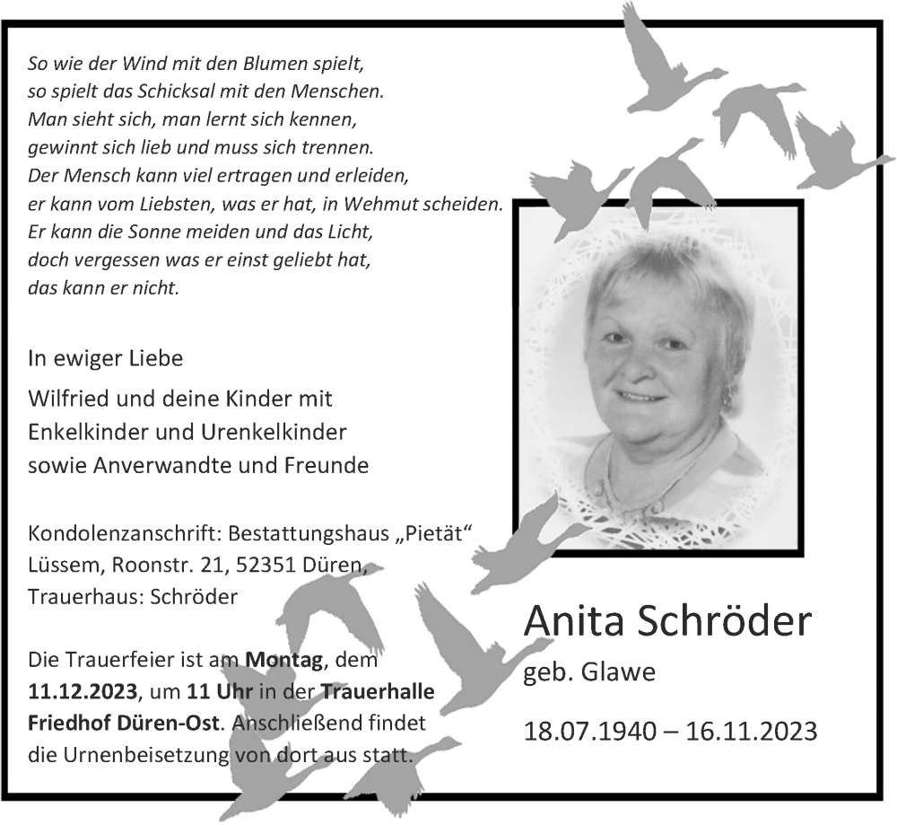  Traueranzeige für Anita Schröder vom 03.12.2023 aus Zeitung am Sonntag