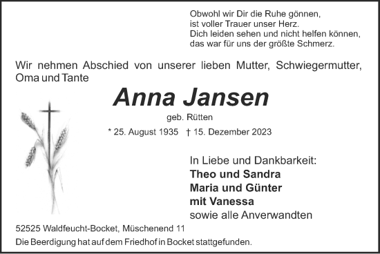 Traueranzeige von Anna Jansen von Zeitung am Sonntag