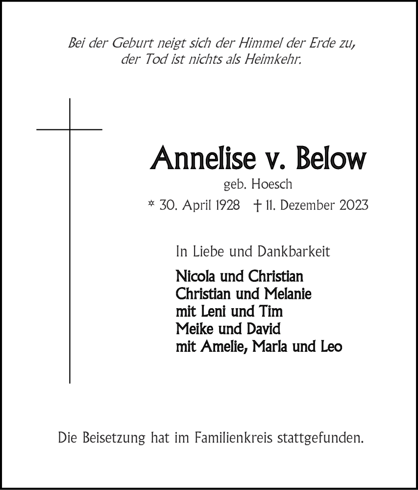  Traueranzeige für Annelise v. Below vom 24.12.2023 aus Zeitung am Sonntag