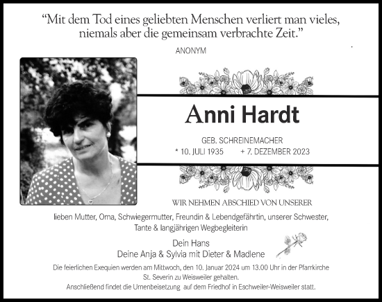 Traueranzeige von Anni Hardt von Zeitung am Sonntag